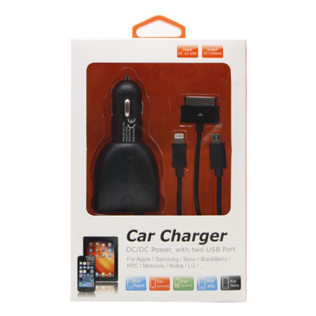 Universal Car Charger with Apple 30 Pin Cable, Micro USB, Apple 16 Pin and Dual USB Port