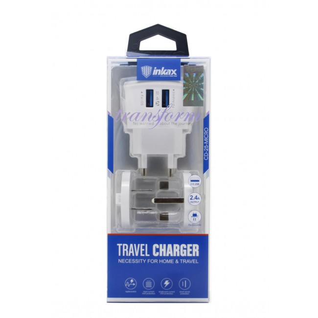 Inkax Travel Charger with 2 USB Ports for Android and iOS 2.4A (NFT) - White