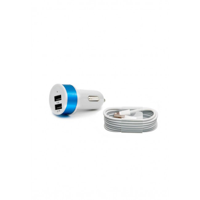 Margoun Round Dual Port Car Charger with Lightning Cable - Blue