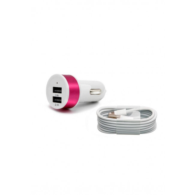 Margoun Round Dual Port Car Charger with Lightning Cable - Pink