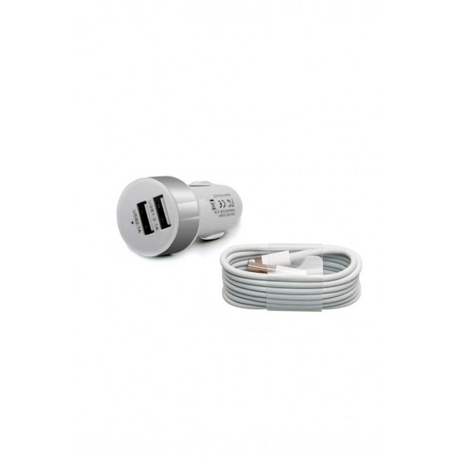 Margoun Round Dual Port Car Charger with Lightning Cable - Silver