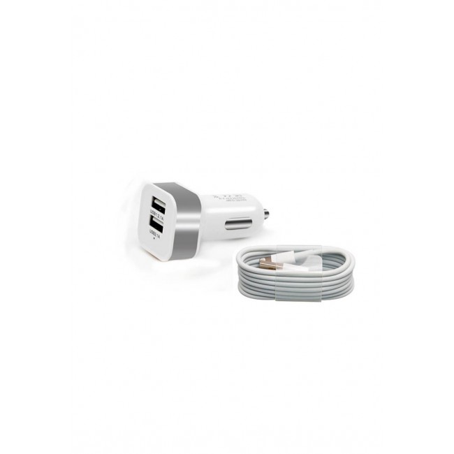 Margoun Square Dual Port Car Charger with Lightning Cable - Silver