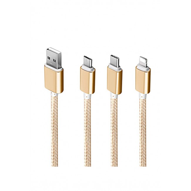 Margoun 3-in-1 Braided Type-C Lightning Micro USB GPS Cable - Gold