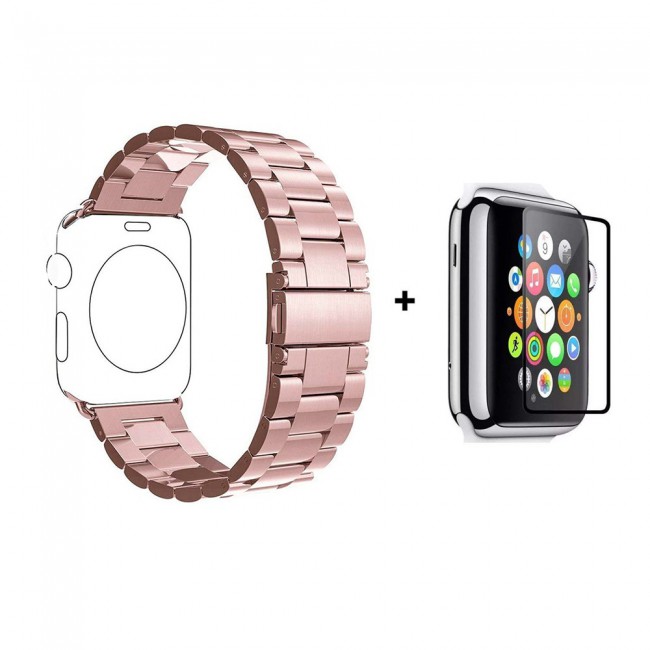 Margoun Stainless Steel Buckle Band Strap with Glass Screen Protector for Apple Watch – 38/40mm – Gold / Black / Grey / Rose Gold