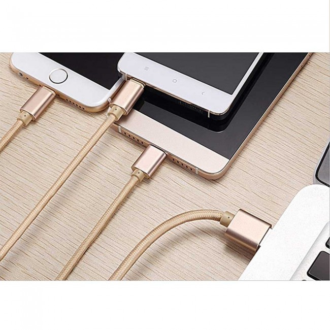 Nitu 3 in 1 Fabric USB Cable for Lightning , Micro and Type-C USB Devices – Gold