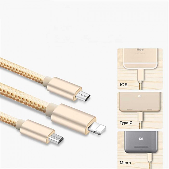 Nitu 3 in 1 Fabric USB Cable for Lightning , Micro and Type-C USB Devices – Gold