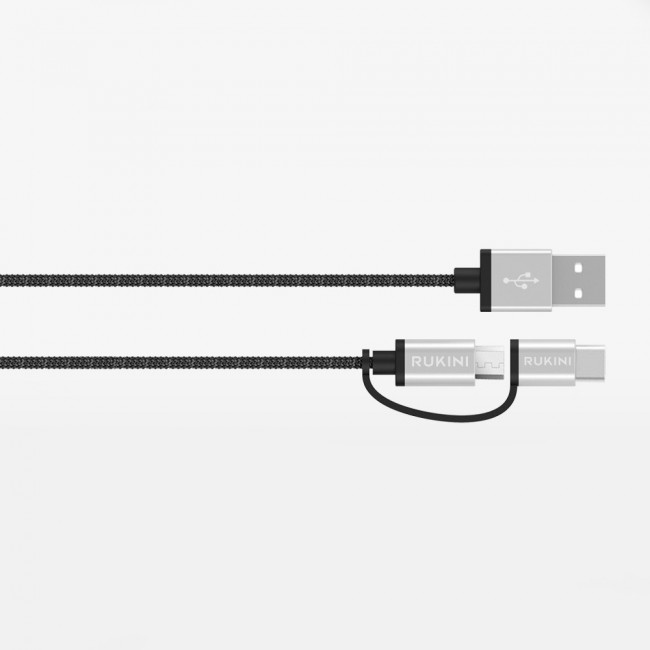 RUKINI 2in1 Micro &amp; Type-C USB Cable Nylon Braided 1m RK302BP - Black