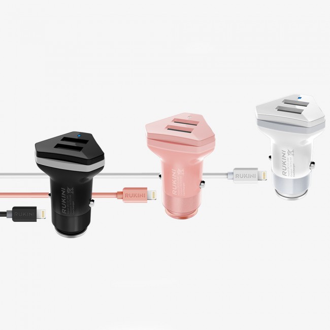 RUKINI Car Charger CobraPlus Dual USB COPL509C with1m/3.3ft Lightning Cable – Black , Silver , Coral