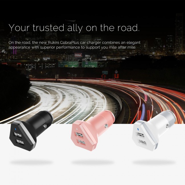 RUKINI Car Charger CobraPlus Dual USB COPL509C with1m/3.3ft Lightning Cable – Black , Silver , Coral