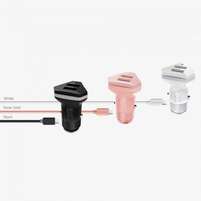 RUKINI Car Charger CobraPlus Dual USB COPL509M with1m/3.3ft Micro USB Cable – Black , Silver , Coral
