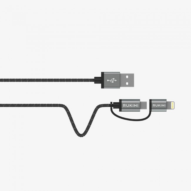 Rukini 2 in 1 Micro USB &amp; Lightning Charge and Sync Cable Nylon Braided 1m RK301BP – Black 