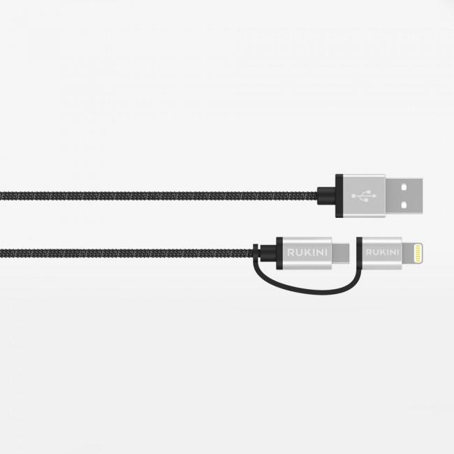 Rukini 2 in 1 Micro USB &amp; Lightning Charge and Sync Cable Nylon Braided 1m RK301BP – Black 