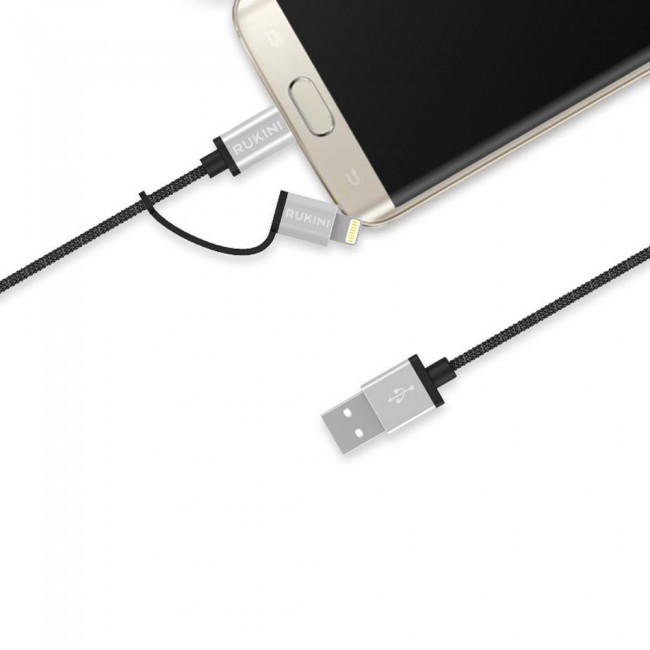 Rukini 2 in 1 Micro USB &amp; Lightning Charge and Sync Cable Nylon Braided 1m RK301BP – Black 