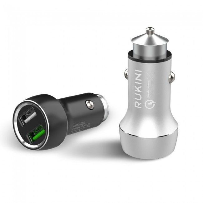 Rukini Dual USB Car Charger 30W QC.3.0 with 1m Micro USB cable RC309 – Black , Silver