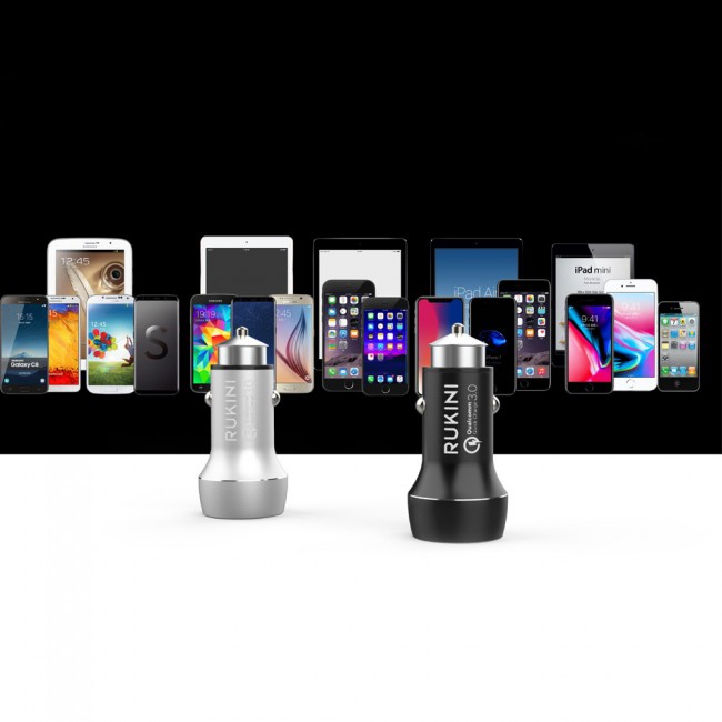 Rukini Dual USB Car Charger 30W QC.3.0 with 1m Micro USB cable RC309 – Black , Silver