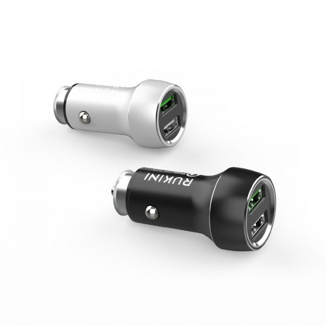 Rukini Dual USB Car Charger 30W QC.3.0 with 1m Micro USB cable RC309 – Black , Silver