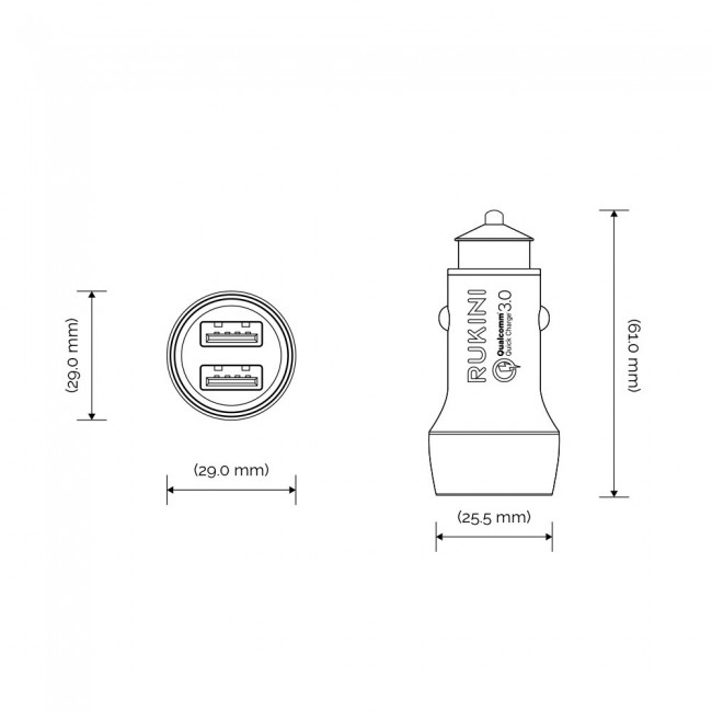 Rukini Dual USB Car Charger 30W QC.3.0 with 1m Micro USB cable RC309 – Black , Silver