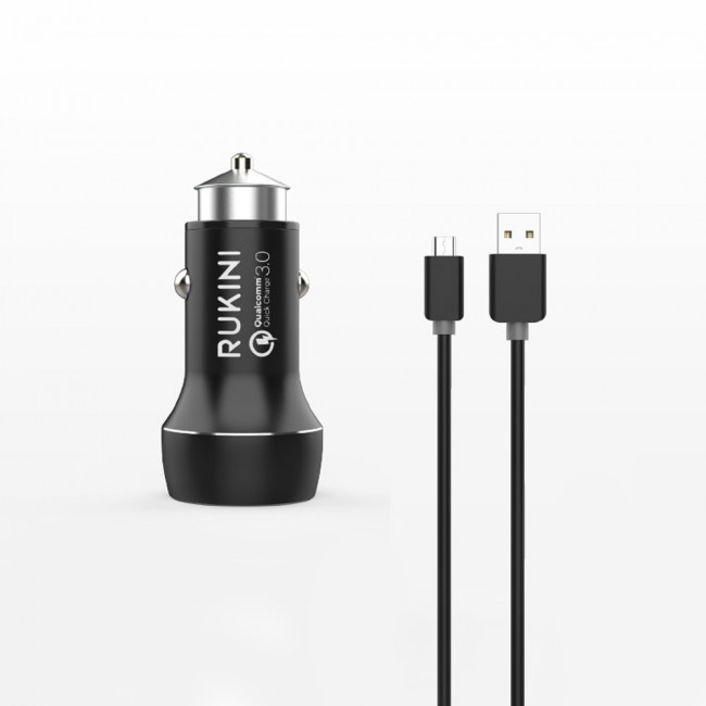 Rukini Dual USB Car Charger 30W QC.3.0 with 1m Micro USB cable RC309 – Black , Silver