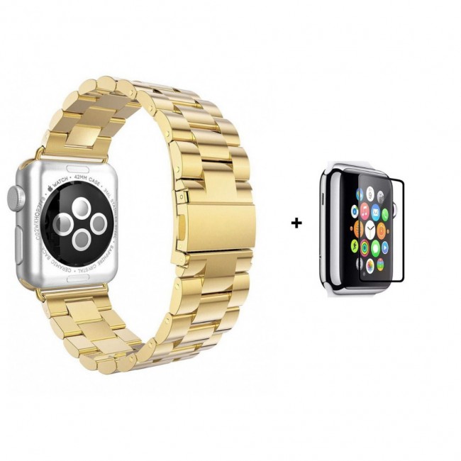 Margoun Stainless Steel Buckle Band Strap with Glass Screen Protector for Apple Watch – 38/40mm – Gold / Black / Grey / Rose Gold