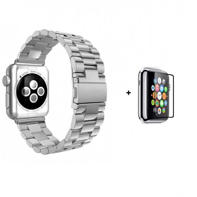 Margoun Stainless Steel Buckle Band Strap with Glass Screen Protector for Apple Watch – 38/40mm – Gold / Black / Grey / Rose Gold