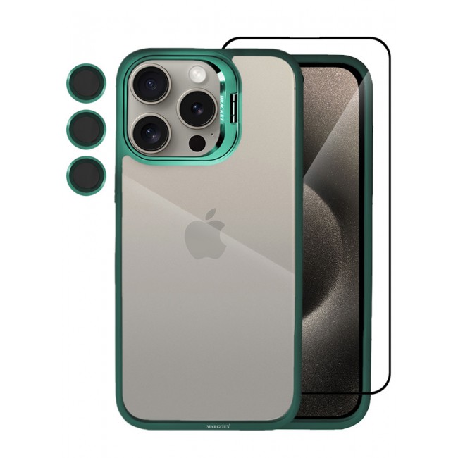 CATANES 2 Pack iPhone 15 Pro Case Cover and Lens Protector and Screen Protector Built-in Camera Stand and Compatible with MagSafe Full Body Shockproof Case Clear Green