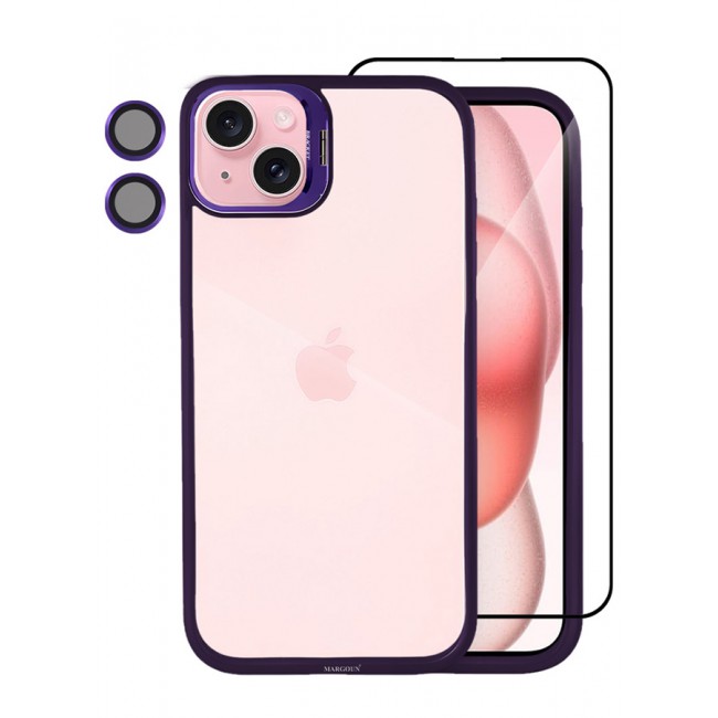 CATANES 2 Pack iPhone 15 Plus Case Cover and Lens Protector and Screen Protector Built-in Camera Stand and Compatible with MagSafe Full Body Shockproof Case Clear Purple