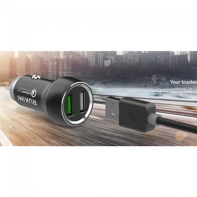 Rukini Car Charger Dual USB Fast Charge QC3.0 with 1m Micro USB Cable RC309 – Black