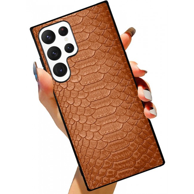 Samsung Galaxy S23 Ultra Case Leather Case Cover Luxury Snake Skin Pattern Slim Shockproof Back Cover Brown