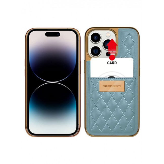 ONEGIF Design iPhone 14 Pro Case Premium Leather Case Cover with Card Slot Holder Blue