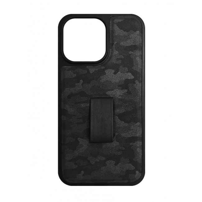 iPhone 14 Pro Case with Hand Strap Finger Loop Camouflage PU Leather Back Cover Black