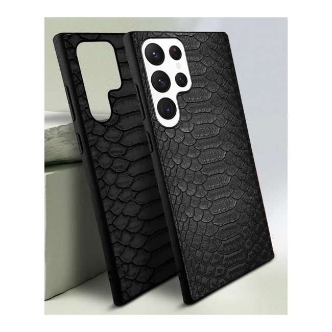 Samsung Galaxy S23 Ultra Case Leather Case Cover Luxury Snake Skin Pattern Slim Shockproof Back Cover Black