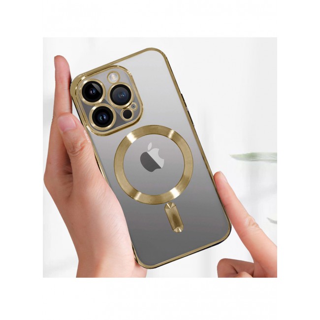 MARGOUN iPhone 15 Pro Phone Protective Case Fashionable Electroplated Magnetic Suction Full Covered Shockproof Phone Cover with Magnetic Rings Gold