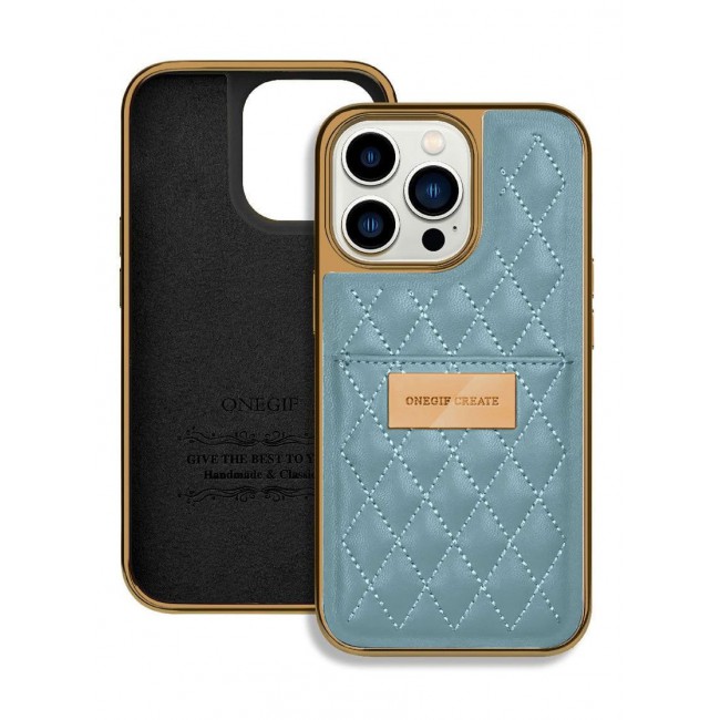 ONEGIF Design iPhone 14 Pro Case Premium Leather Case Cover with Card Slot Holder Blue