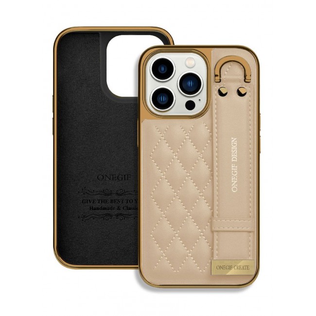 ONEGIF Design iPhone 14 Pro Case with Hand Strap Holder Shockproof Luxury Plating Wrist Strap Grip Cover Gold