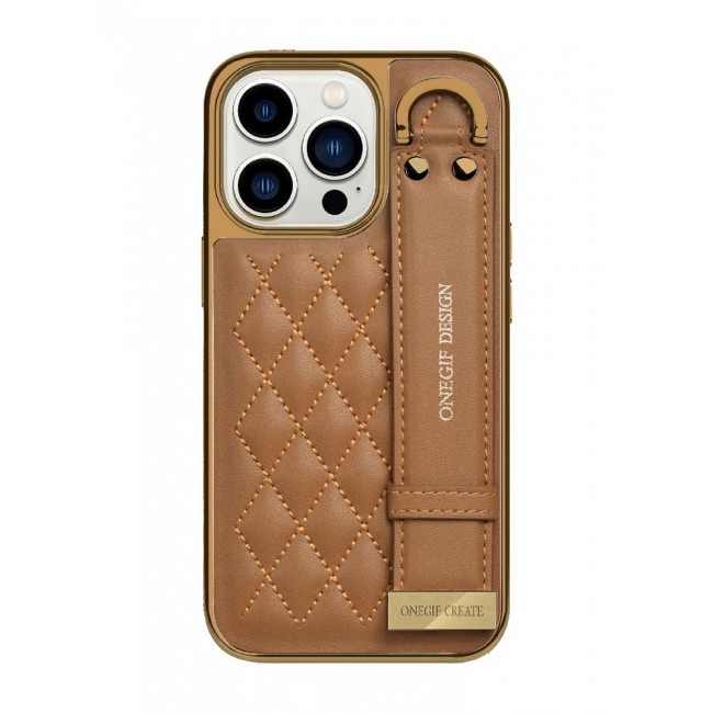 ONEGIF Design iPhone 14 Pro Case with Hand Strap Holder Shockproof Luxury Plating Wrist Strap Grip Cover Brown