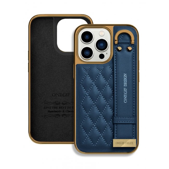 ONEGIF Design iPhone 14 Pro Case with Hand Strap Holder Shockproof Luxury Plating Wrist Strap Grip Cover Dark Blue