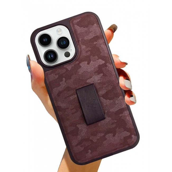 iPhone 14 Pro Case with Hand Strap Finger Loop Camouflage PU Leather Back Cover Maroon