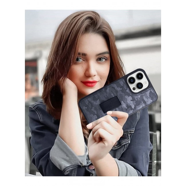 iPhone 14 Pro Case with Hand Strap Finger Loop Camouflage PU Leather Back Cover Grey