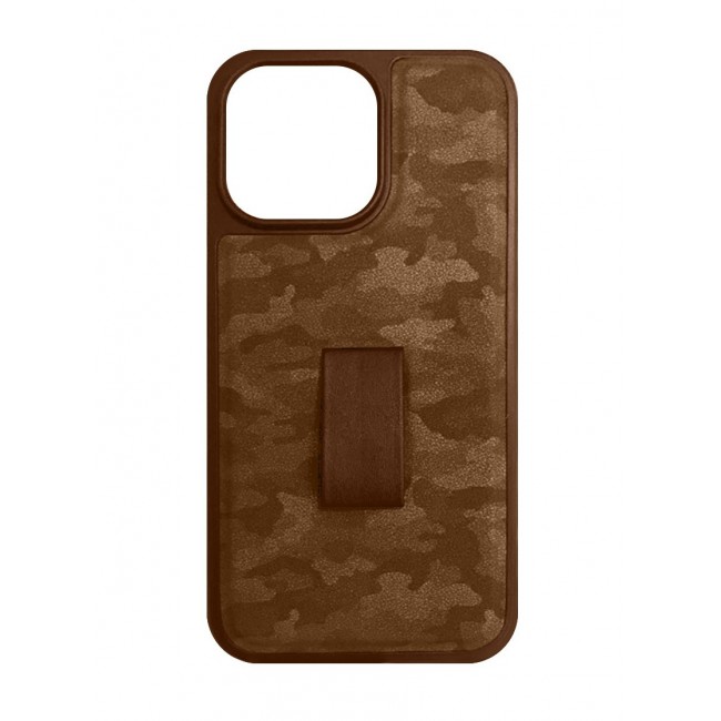 iPhone 14 Pro Case with Hand Strap Finger Loop Camouflage PU Leather Back Cover Brown