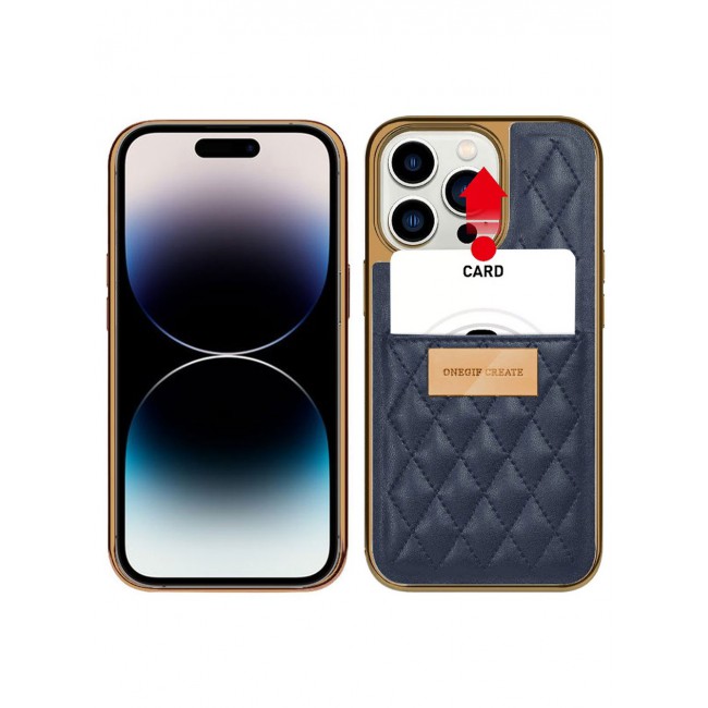 ONEGIF Design iPhone 14 Pro Case Premium Leather Case Cover with Card Slot Holder Dark Blue