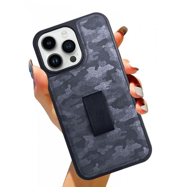 iPhone 14 Pro Case with Hand Strap Finger Loop Camouflage PU Leather Back Cover Grey
