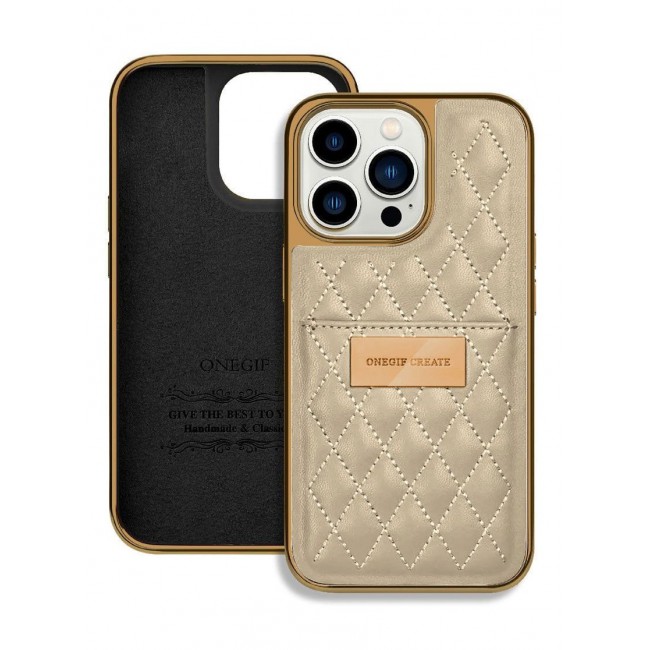 ONEGIF Design iPhone 14 Pro Case Premium Leather Case Cover with Card Slot Holder Gold