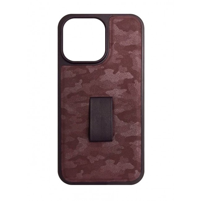 iPhone 14 Pro Case with Hand Strap Finger Loop Camouflage PU Leather Back Cover Maroon