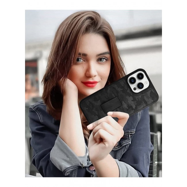 iPhone 14 Pro Case with Hand Strap Finger Loop Camouflage PU Leather Back Cover Black