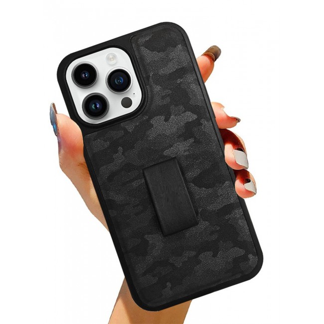 iPhone 14 Pro Case with Hand Strap Finger Loop Camouflage PU Leather Back Cover Black