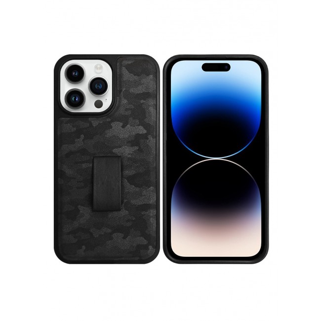 iPhone 14 Pro Case with Hand Strap Finger Loop Camouflage PU Leather Back Cover Black