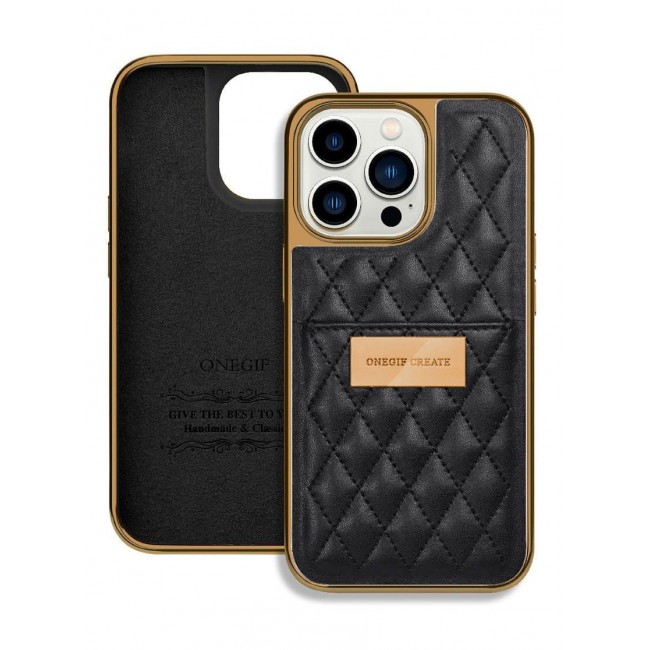 ONEGIF Design iPhone 14 Pro Case Premium Leather Case Cover with Card Slot Holder Black