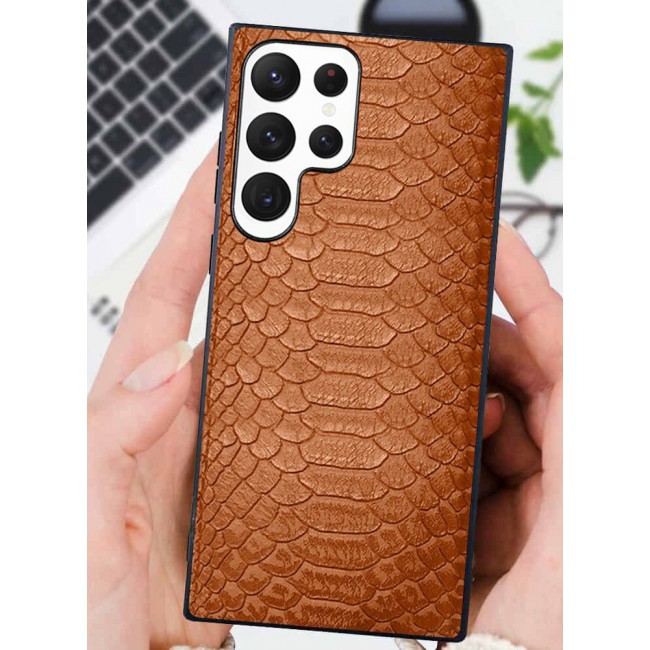 Samsung Galaxy S23 Ultra Case Leather Case Cover Luxury Snake Skin Pattern Slim Shockproof Back Cover Brown