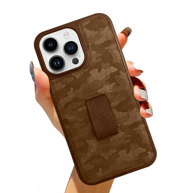 iPhone 14 Pro Case with Hand Strap Finger Loop Camouflage PU Leather Back Cover Brown