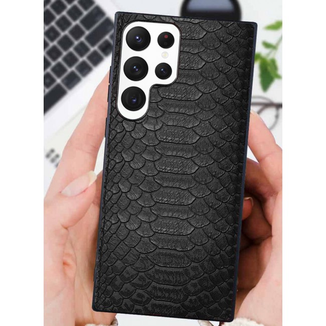 Samsung Galaxy S23 Ultra Case Leather Case Cover Luxury Snake Skin Pattern Slim Shockproof Back Cover Black